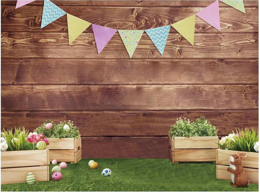 Allenjoy 8x6ft Fabric Spring Easter Backdrops for Girls Photography Wrinkle Free Happy Bunny Rabbit Green Grass Brown Wooden Wall Baby Shower Kids Newborn Portrait Background Photo Studio Shooting