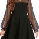 Arshiner Girl's Contrast Mesh Puff Long Sleeve High Waist A Line Short Dress with Pockets for 6-13 Years (Black)