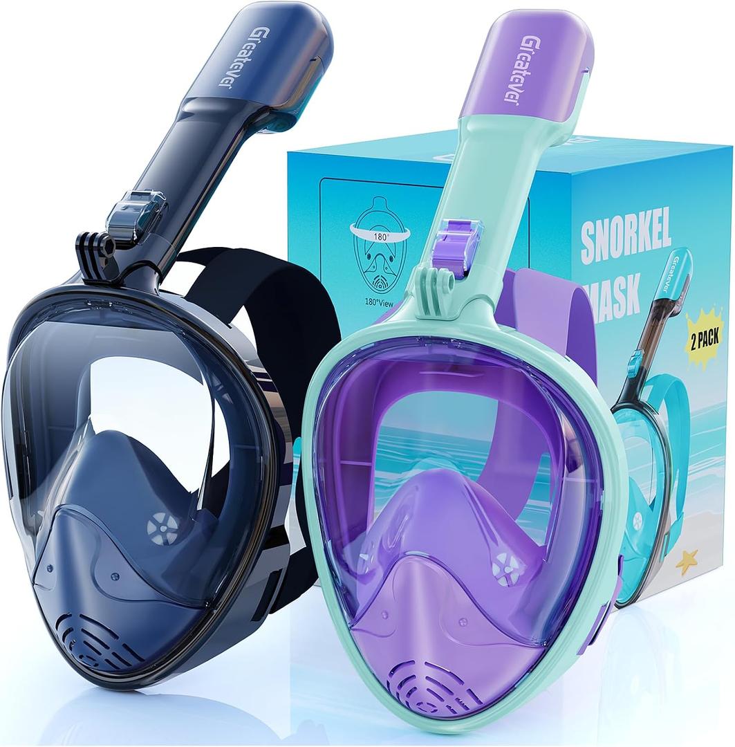 Greatever Full Face Snorkel Mask, Snorkeling Gear for Adults with Latest Dry Top Breathing System and Detachable Camera Mount, Foldable Snorkel Set for Family Snorkeling Trips, Anti-Fog & Anti-Leak