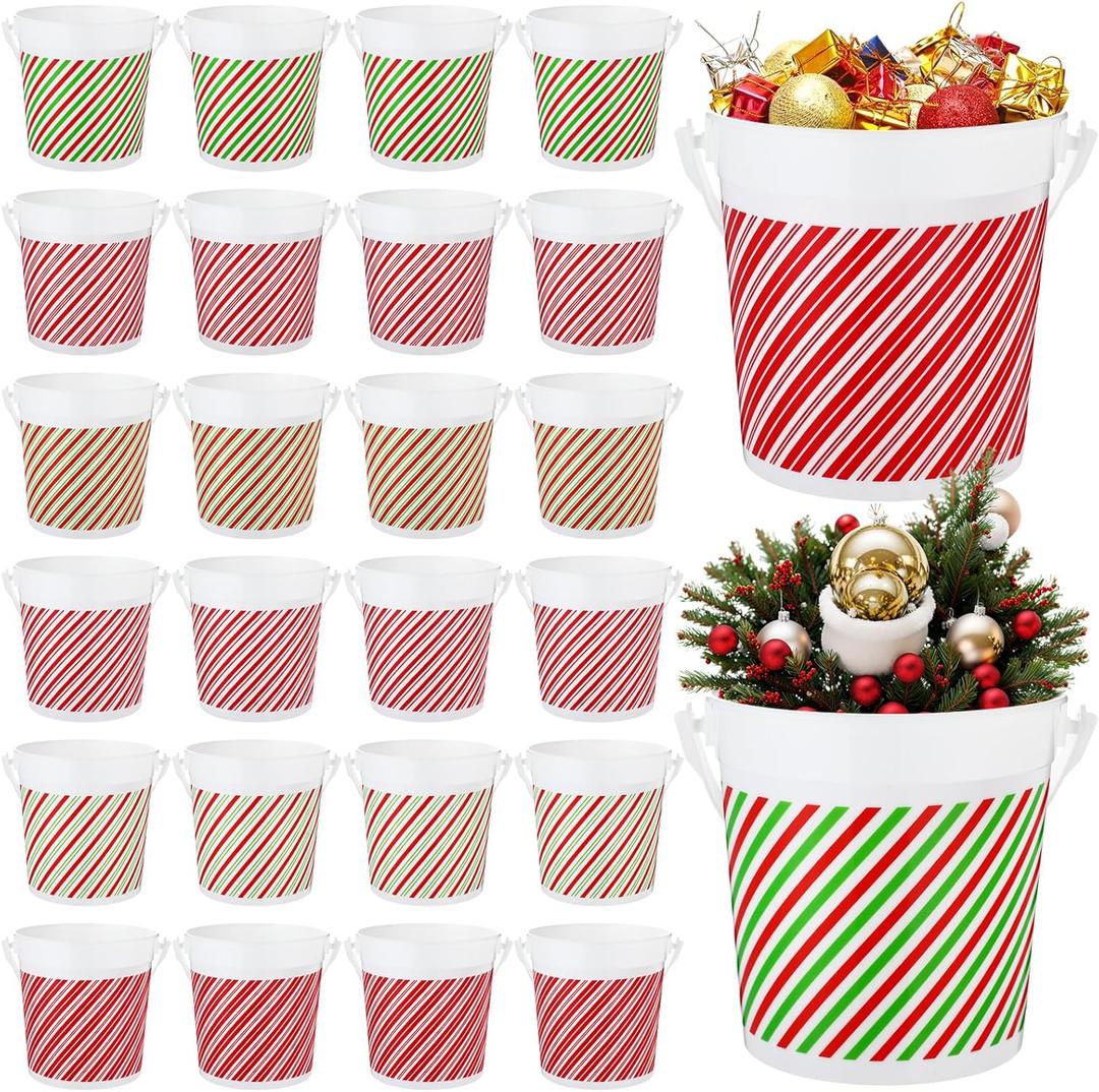 Honeydak 24 Pcs 32oz Christmas Plastic Bucket with Handle 5.3 x 4.8 x 3.7 Inches Reusable Christmas Treat Buckets for Gift Red Green Color Stripes Food Container for Xmas Winter Holidays Party Favors