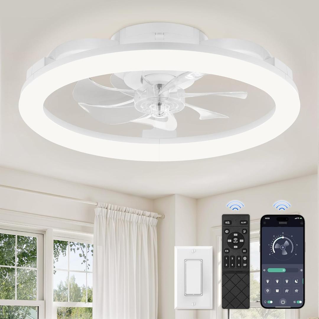 LEDIARY 20 Inch Low Profile Ceiling Fans with Lights and Remote, Dimmable Modern Fan Light (3000K-6000K), 6 Speed, Reversible, APP & Remote Control, Flush Mount Ceiling Fan for Bedroom, White