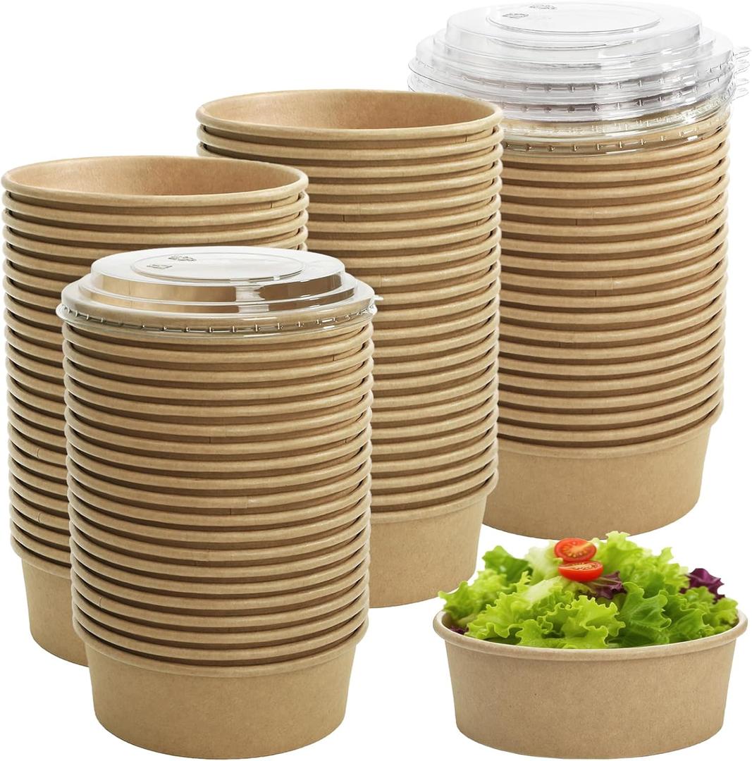 Lyellfe Kraft Paper Bowls with Lid, 17 oz, 50 Pack | Disposable, Water/Oil Proof, For Hot Cold Food, For Soup Salad Ice Cream
