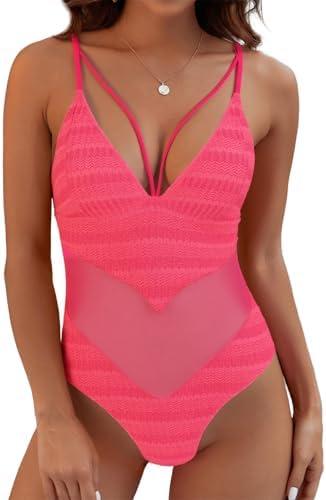 Uaunega Womens One Piece Swimsuits-Sexy Deep V Neckline Tummy Control Bathing Suit Slimming Mesh Swimwear, (M)