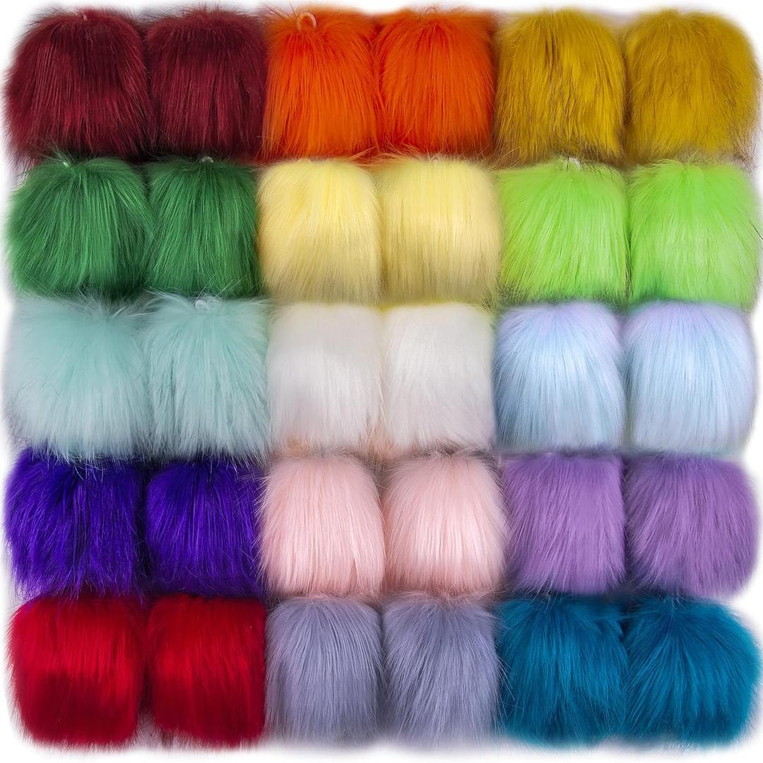 SIQUK 30 Pieces Faux Fur Pom Pom Faux Fox Fur Pom Balls Fluffy Pom Pom with Elastic Loop Poms for Hats Scarves Gloves Bags Accessories (15 Colors, 2 Pcs Per Color) (Rainbow)