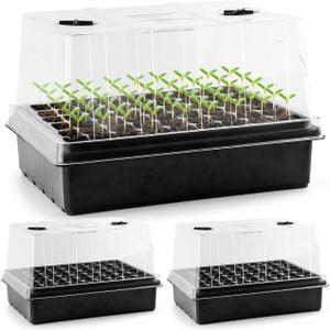 Heavy Duty Seed Starter Trays with 5'' Tall Humidity Domes & 2.75'' Deep Cells 3-Pack (162 Cells Total) Reusable Plant Germination Kit, Durable Plastic Seedling Trays for Herbs, Vegetables