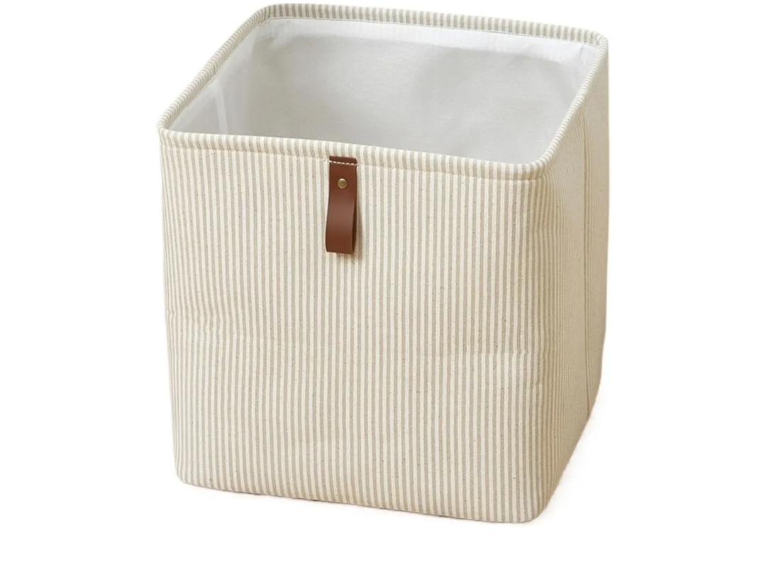 Cube Folding Storage Box With Handle Fabric Storage For Toys Clothes Storage Bins Home Closet Office Nursery Organizer(1pc Beige stripe)