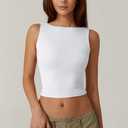 QINSEN Women's Sexy Open Back Sleeveless Crop Tank High Neck Slim Fit Cropped Tee Shirt Y2k Tops (White, L)