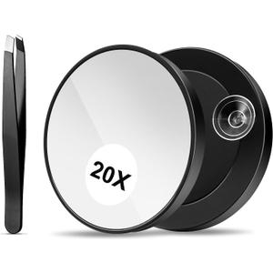 20X Black Magnifying Mirror and Eyebrow Tweezers Kit, 3.78 Inches Compact Round Magnifying Makeup Mirror with 2 Suction Cups, Mini Magnify Travel Cosmetic Mirror for Women Girl Makeup