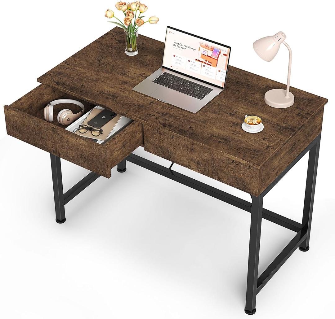 Mexin Small Desk with 2 Wooden Drawers, 40 Inch Home Office Writing Desk, Vanity Desk with Storage, Computer Desk for Bedroom Small Spaces, Table for Office, Kids Study, Makeup, Rustic Brown