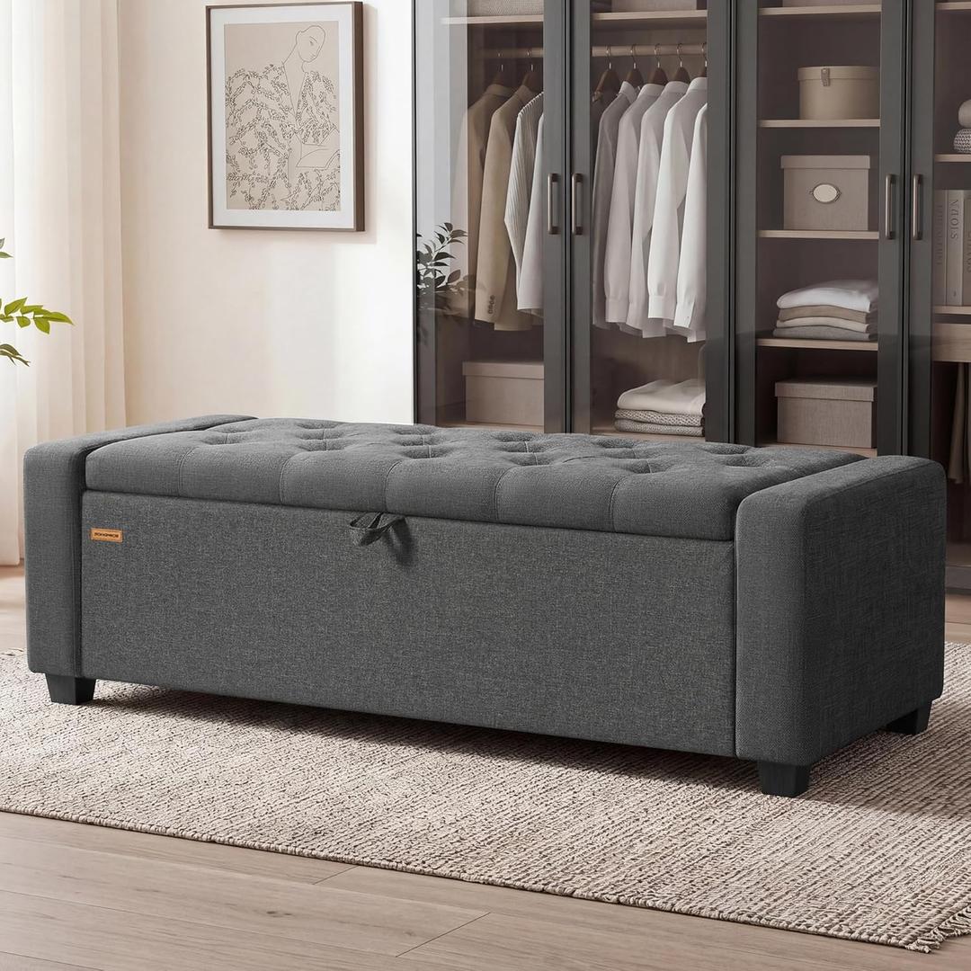 SONGMICS Storage Ottoman, Storage Chest Bench with Legs, End of Bed Bench with Safety Hinges, Pull Tab, for Living Room, Bedroom, 19.7 x 47.6 x 16.5 Inches, Linen-Look Fabric, Slate Gray ULOM511GN01