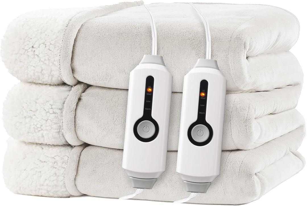 Electric Heated Blanket Queen Size 84"x90" - Dual-Sided with Microplush & Sherpa Fabric, 4 Heat Settings & 10 Hours Auto Off, Dual Controller, Machine Washable - White (05-lvory)
