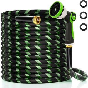 Garden Hose 100 ft Water Hose Flexible Non-Expandable Outdoor Heavy Duty Lightweight Leakproof Kink-free flex Watering Hose Pipe with Nozzle for 3/4 inch Fitting Yard Lawn Outside Car Wash