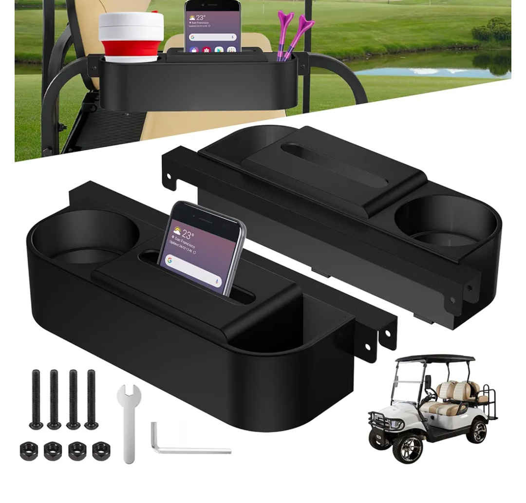 Upgraded Golf Cart Armrest with Cup Holder – Universal Fit for EZGO, Club Car, Yamaha – Waterproof, Golf Cart Accessories, Larger Armrest Area, No Drilling Required, Fits 1" & 1.25" Square Tubes