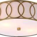 JONATHAN Y 12.25" Brass Gold 2-Light Modern Metal LED Flush Mount Ceiling Light for Bedroom Hallway, White Linen Drum Shade with Geometric Fretwork, LED Bulbs Included JYL3502A