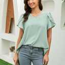 Womens Tops Dressy Casual Swiss Dot V Neck Ruffle Tunic Blouse for Women Cute Petal Short Sleeve Pom Pom Shirt Office (Green)