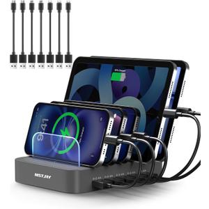 MSTJRY Charging Station for Multiple Devices : 5 Port Multi USB-A Charger Stations Multi-Device Organizer Charging Dock Designed for iPhone iPad Cell Phone Tablets (7 Short Cables Included), Gray