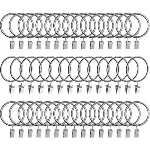 44pcs Curtain Rings with Clips Hooks, 2 inch Metal Stainless Steel Drapery Rings Hanger Clips for Tension Rod Bracket Eyelets Decorative Hangers, Silver (2" Interior Diameter)