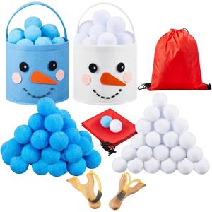 106 Pcs Christmas Snowball Fight Set Snowball Battle Include100 Fake Snowballs, 2 Felt Buckets, 2 Slingshots, 2 Drawstring Bags for Indoor Outdoor Winter Party Game Kids'
