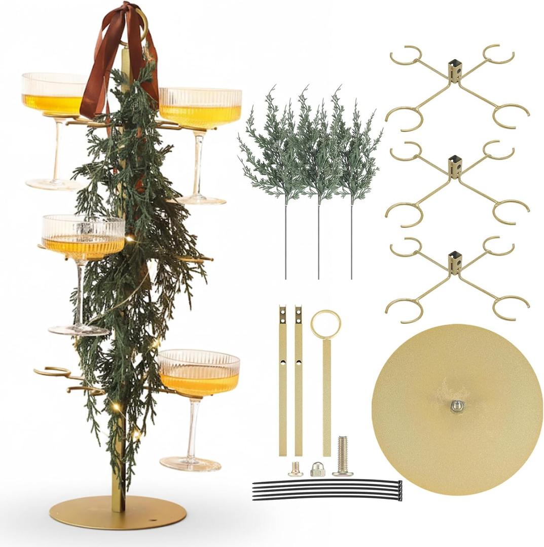 Christmas Cocktail Tree Stand with 3 Green Rattan and Bow, 3 Tier 12 Holders Gold Tree Tower Stand for Drink for Champagne Martini Cup for Xmas Wedding Bridal Showers Party