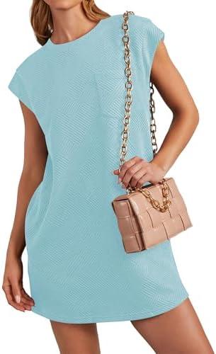 Poetsky Women's Summer Casual T Shirt Dress Short Cap Sleeve Crewneck Loose Basic Shift Mini Dresses Size L