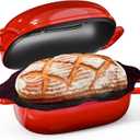 Cast Iron Dutch Bread Oven - 2.5QT Dutch Oven for Sourdough Bread Baking, Cast Iron Bread Loaf Pan with Perforated Non-Stick Silicone Liner, Blue Oval Bread Baking Pan, Gift for Family & Baker,Red