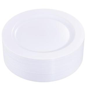 I00000 50Pcs White Plastic Dinner Plates 10 Inch, Premium Disposable Party Plates, Safe and Reusable, Heavy Duty Plastic Plates Perfect for Wedding Valentine's Day Party