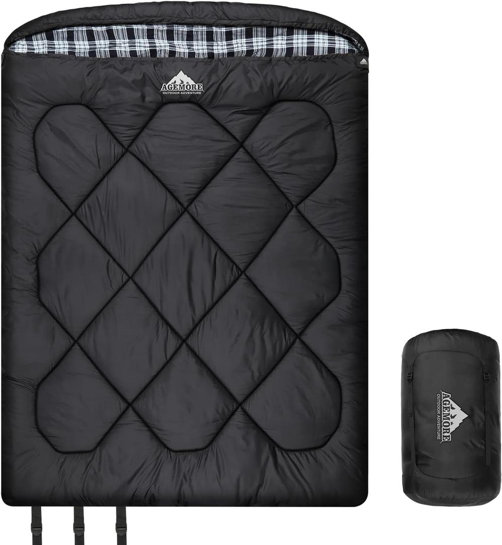 AGEMORE 0 Degree Double Sleeping Bag for Adults, Cotton Flannel Lined 2 Person Queen Size Warm Sleeping Bag for Family Winter Camping or RV Traveling (White Plaid)