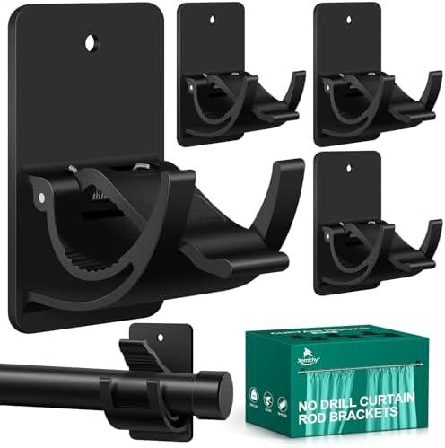 Xemichy No Drill Curtain Rod Brackets, 4 PCS Self Adhesive Curtain Hooks 20lb, Nail Free Adjustable Curtain Rod Holders Rental Friendly for Apartment, Kitchen, Bathroom, Dorm ＆ Living Room