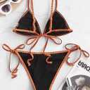 ZAFUL Women's Triangle Bikini Tie Side Whip Stitch String Bikini Two Piece Swimsuit Bathing Suits (Black, XL)