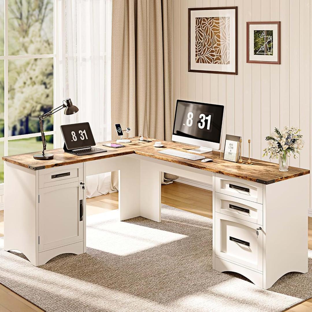 Decofy L Shaped Farmhouse Executive Desk with Drawers, White 67" Home Office Desks with Fast Charging Station, Lockable File Cabinet, Wood Writing Computer Desk for Work, Study, 67"W x 59"D x 30.7"H