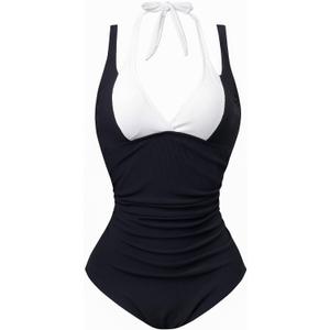 Smismivo Ribbed Halter One Piece Tummy Control Swimsuit for Women Cute Color Block Bathing Suits Push Up 2025 (Black, Large)