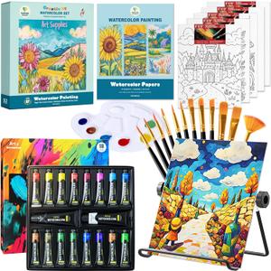 Watercolor Paint Set with 18 Vivid Jumbo Tubes (24ml&50ml), Complete Art Supplies with Guided Canvas Panels, Table Easel, Watercolor Papers, Brushes, Paint Kit for Students Beginners Young Artists