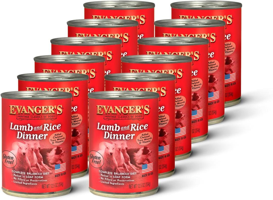 Evanger's Heritage Classic Lamb & Rice Dinner Dog Food  12 Count, 12.5 oz Each  Gluten & Grain Free, Complete Balanced Diet for All Life Stages  Wet Dog Food