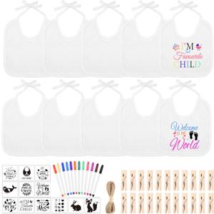 BOUBONI 55 Pcs DIY Baby Bibs Decorating Set Includes 10 White Bibs, 12 Fabric Markers, 12 Stencils, 20 Clothespins, 1 Hemp Rope for Baby Shower Games Boys Girls,  A01-White-55