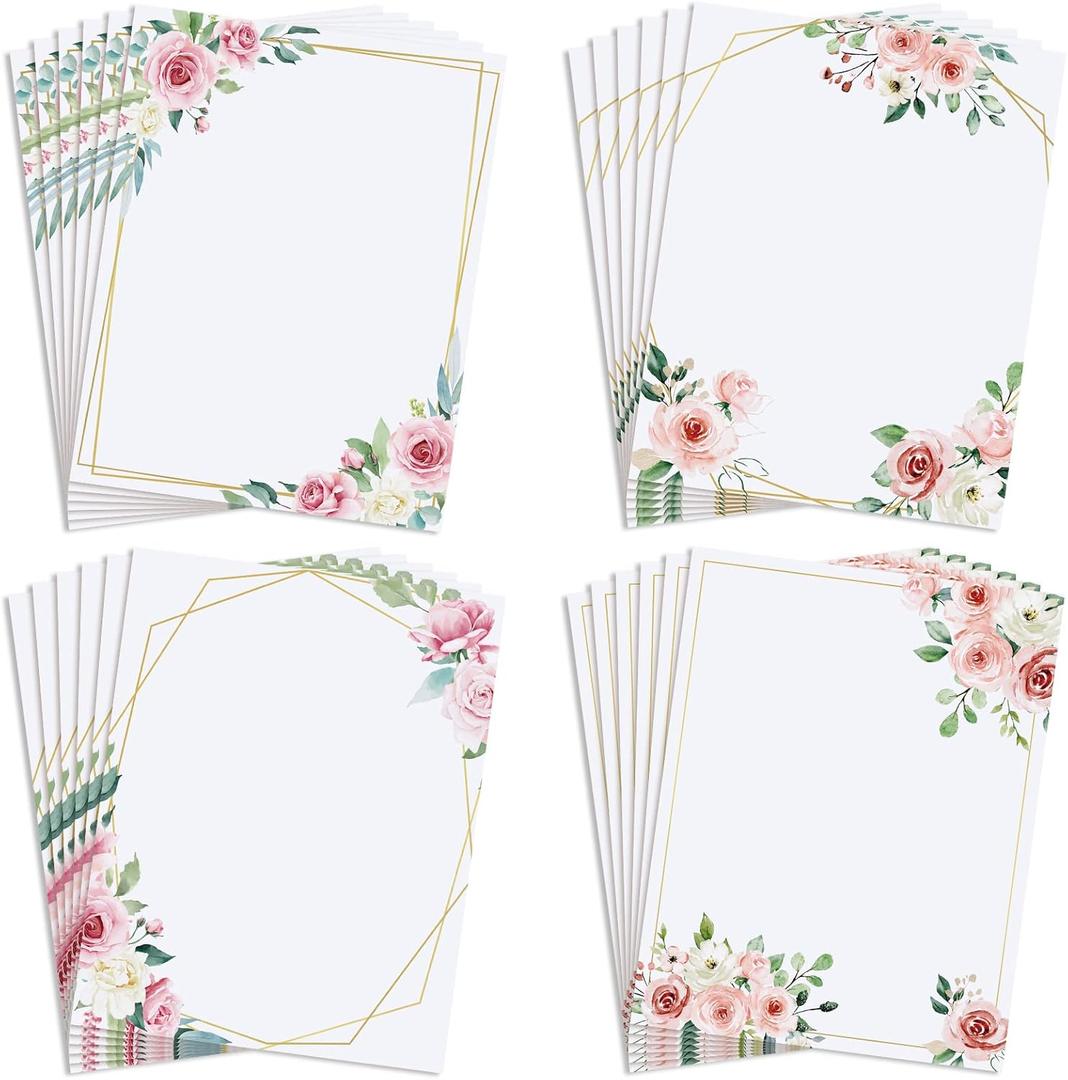 Teling 48 Sheets Decorative Printer Paper Writing Scrapbook Wedding Program Paper 8.27 x 10.6 Inches Greenery Flower Border Writing for Drawing Office Thank Greeting Stationery Supplies (Rose)