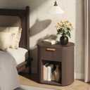 Fluted Nightstand with Charging Station, 23.6" Large Bedside Side Table with Drawer, Wood End Table with Storage, Curved Round Corner, Furniture Bedroom Sofa, Mid Century Modern, Vintage, Walnut