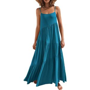 ANRABESS Women Summer Casual Loose Sleeveless Sundress Spaghetti Strap Flowy Boho Linen Beach Vacation Maxi Long Dress (Sea Blue)