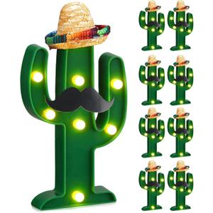 Fiesta Mexican Party Decoration LED Cactus Light with Mini Sombrero Straw Hats and Fake Beard Cinco De Mayo May 5th Table Decor Mexican Party Supplies for Fiesta Taco Table Room Bedroom Decor(24 Pcs)