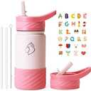 BUZIO 14oz Kids Water Bottle Stainless Steel Insulated Metal Water Bottles with Straw for Toddlers, BPA-Free Double Wall Water Flask Leak Proof Tumbler for School Boys Girls with Stickers, pink