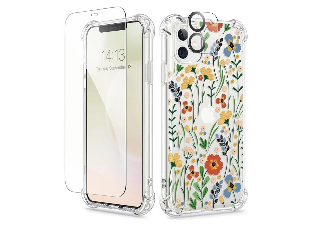 GVIEWIN for iPhone 11 Case Floral, with Screen Protector&Camera Lens Protector,[Non Yellowing] Soft Shockproof Clear Phone Protective Cover for Women, Flower Pattern Design 6.1"(Blooming Flowerets)