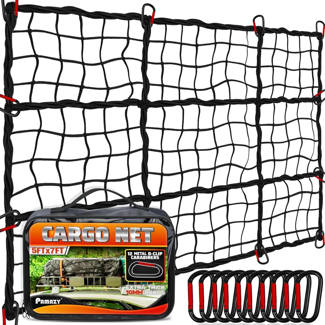 [Premium] 5'x7' Heavy Duty Cargo Net Stretches to 10' x 14', Extra Thick 10mm Cord Bungee Cargo Netting for Pickup Truck Bed, Roof Rack Net & 12 PCS Steel Carabiners