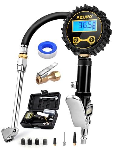 AZUNO Digital Tire Inflator with Pressure Gauge, 200 PSI, Heavy Duty Air Compressor Accessories, with Rubber Hose Lock on Air Chuck and Quick Connect Coupler, Comes with a Portable Carrying Box