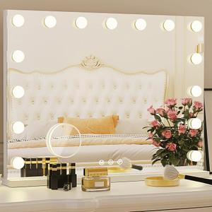 Hollywood Vanity Mirror, 15 Led Bulbs3 Color LightsBeautiful Make Up Lighted Mirror, Aluminum Metal Frame23" x 18" (White)