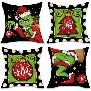 Fahrendom Merry Christmas Decorative Throw Pillow Covers 18 x 18 Set of 4, Xmas Pine Tree Ornament Joy Believe Porch Outdoor Pillowcase, Black Green Polka Dot Winter Holiday Cushion Case Home Decor
