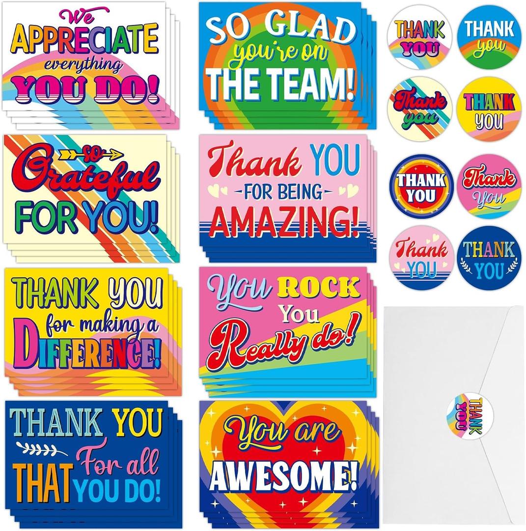 ZOIIWA 72 Pieces Employee Appreciation Cards Thank You Cards with Envelopes Bulk Decorations Colorful Gratitude Inspirational Staff Funny Happy Work Anniversary for Teacher Appreciation Coworkers