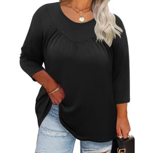 TFSDOD Plus Size Shirts for Curvy Women 3/ 4 Length Three Quarter Sleeve Crewneck Office Wear Work Tunic Tops Black, 2XL