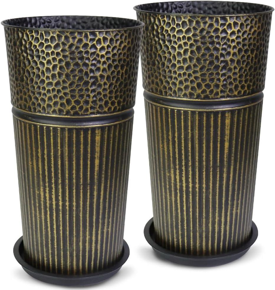 2 Pcs Pack 25 Inches Metal Tall Tapered Planter Pots Large Galvanized Steel Round Planter Flower Pot with Drainage Holes for Indoor Outdoor Deck Porch Garden Home Patio Front Door (antique bronze, M), Medium