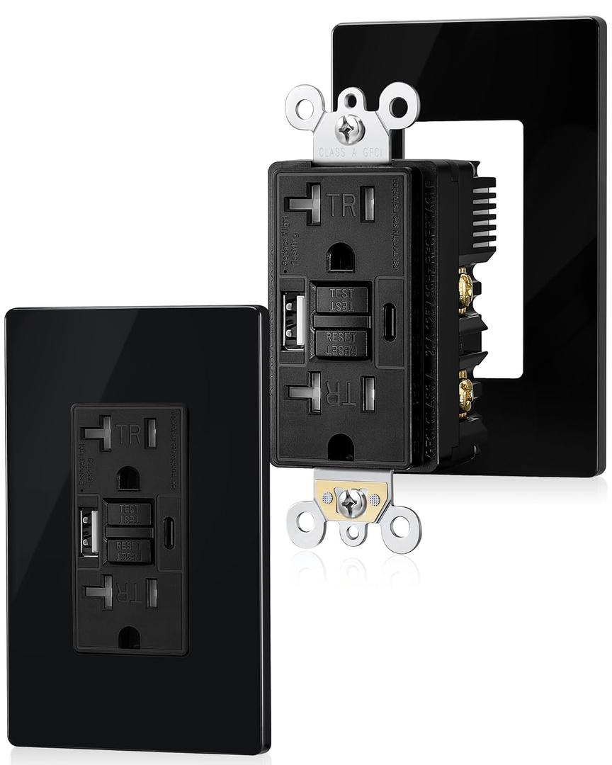 SURAIELEC 20 Amp GFCI Outlet with USB Ports, Self-Test GFCI Combination with USB-C & USB-A, Tamper-Resistant Ground Fault Circuit Interrupter, Screwless Wall Plate Included, ETL Listed, Black, 2-Pack