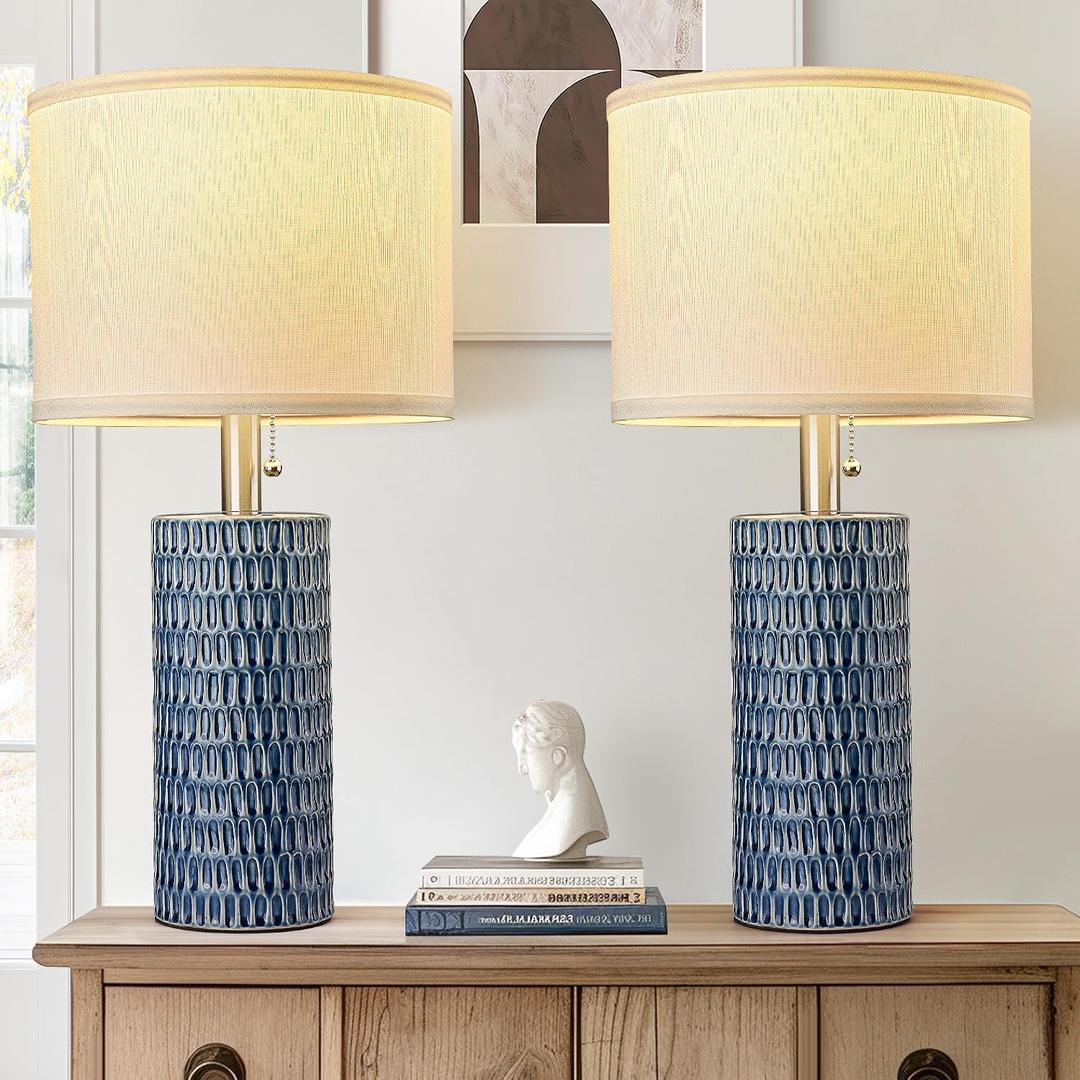 Reaketon Table Lamps for Living Room, Ceramic Table Lamp for Bedroom, 20" Modern Lamp for Night Stands, Dark Blue 1pc