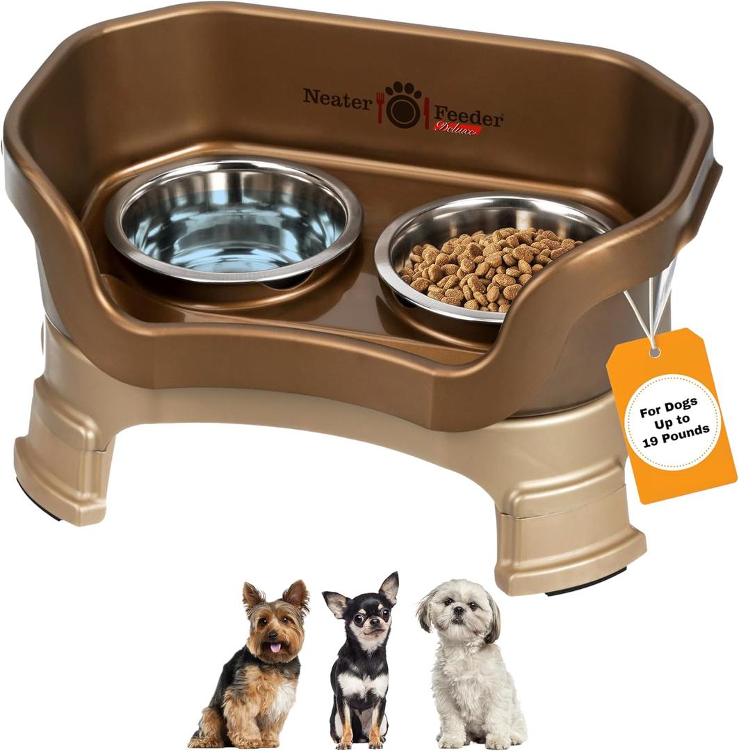 Neater Feeder Deluxe Mess-Proof Elevated Dog Bowls for Small Dogs (Up to 19 lbs), 2 Height Adjustable (6 & 7.5) No-Spill Raised Dog Bowl Stand, Stainless Steel Food Bowl Set, Made in USA, Bronze